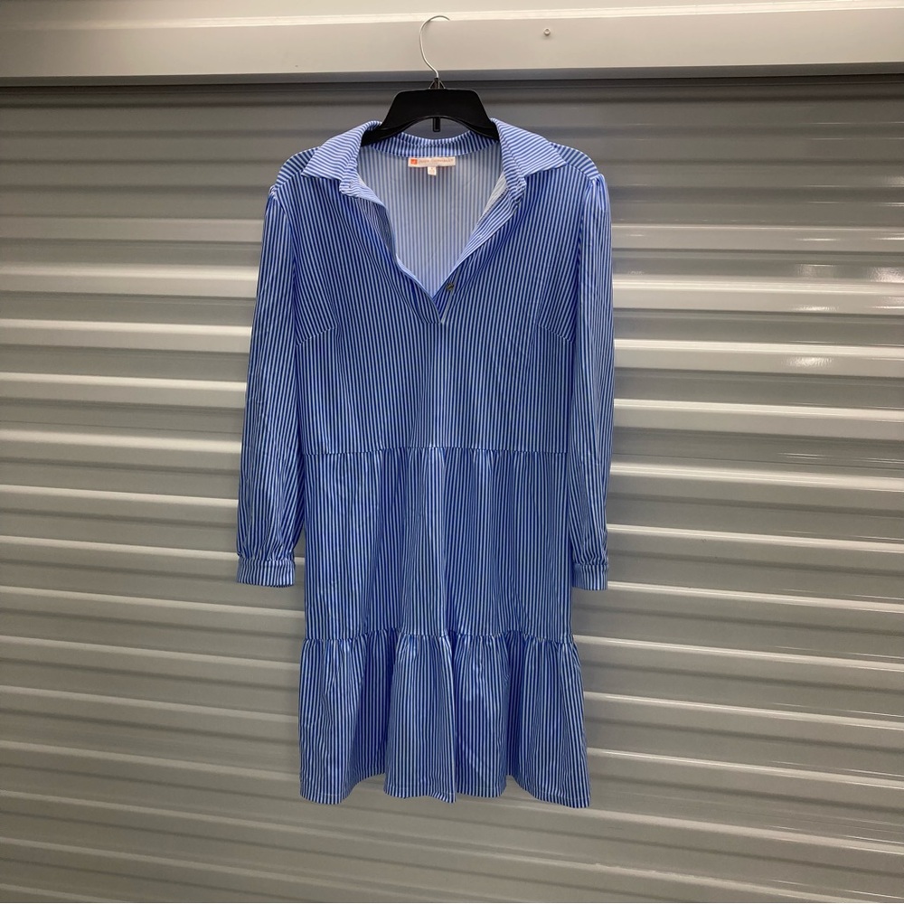 Jude Connally Blue Pinstripe Long Sleeve Dress